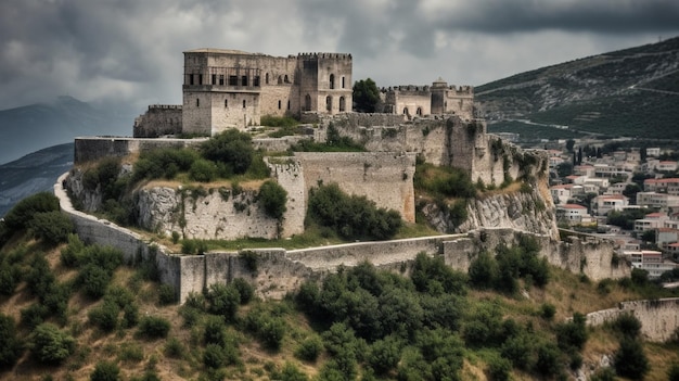 Un château sur une colline avec des montagnes en arrière-plan