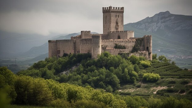 Un château sur une colline avec des montagnes en arrière-plan