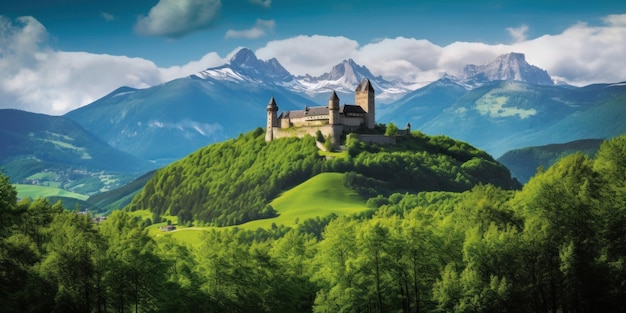 Un château sur une colline avec des montagnes couvertes de neige en arrière-plan.