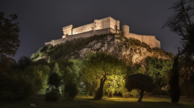 Un château sur une colline la nuit avec un arbre au premier plan