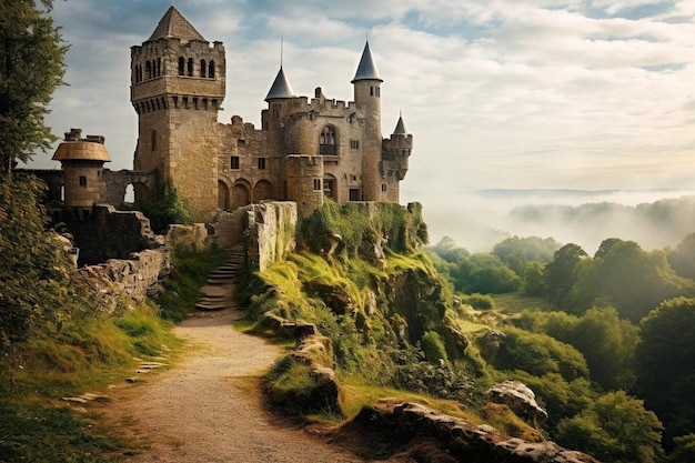 Photo château sur une colline avec vue sur la mer