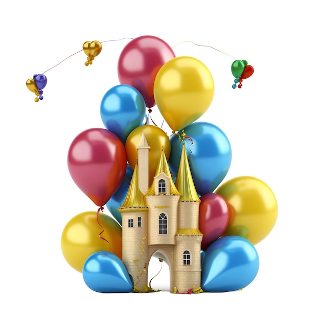 Château de conte de fées avec des ballons isolés sur fond blanc illustration 3D