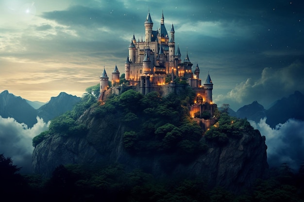 Un château de conte de fées enchanteur au milieu des collines