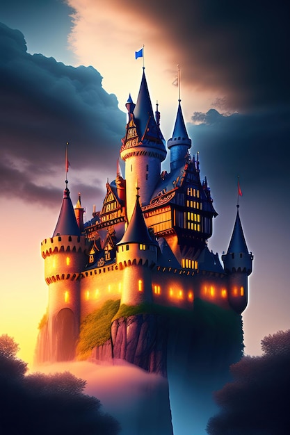 Château de conte de fées sur un nuage Château magique dans la nuit Art numérique