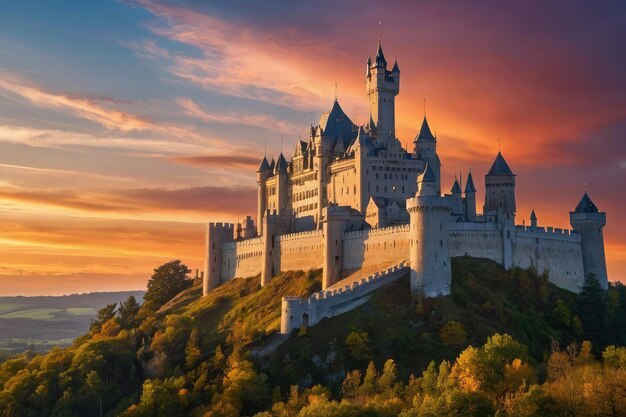 Un château de contes de fées contre un ciel coloré au coucher du soleil