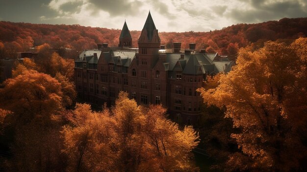 Un château dans les bois avec un ciel nuageux en arrière-plan