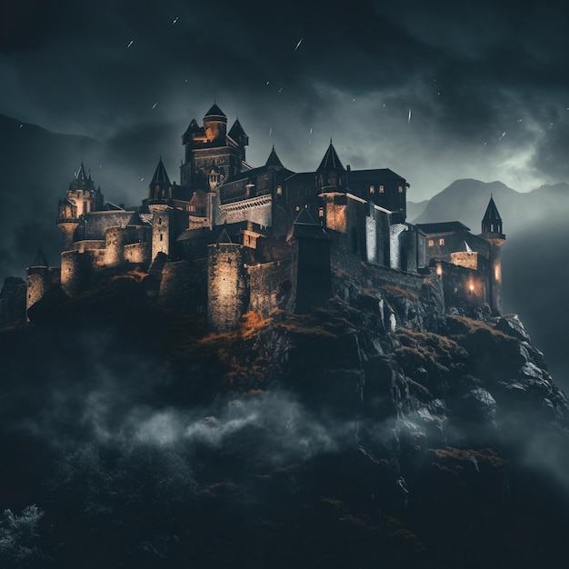 un château dans le ciel nocturne avec une étoile en arrière-plan.