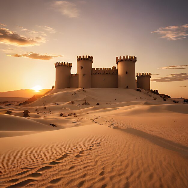 un château dans le désert avec une dune de sable à l'arrière-plan