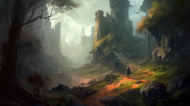 Un château dans la forêt avec un homme qui marche devant.