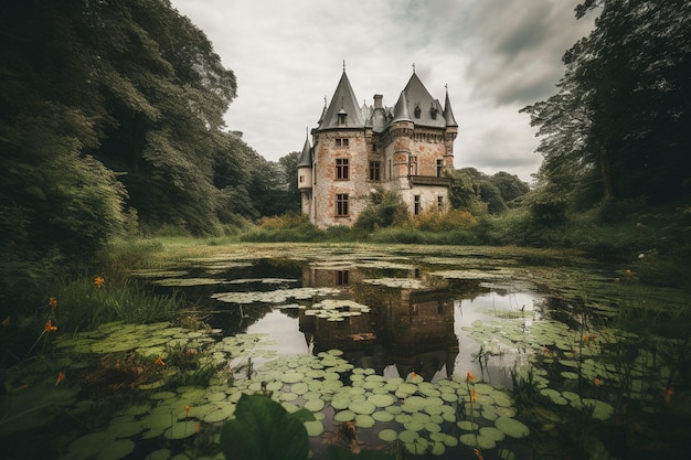 Un château dans la forêt avec des nénuphars sur l'eau