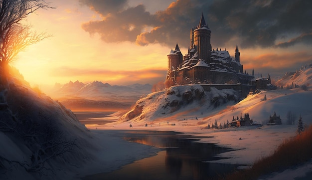 Un château dans la neige avec le soleil couchant derrière lui