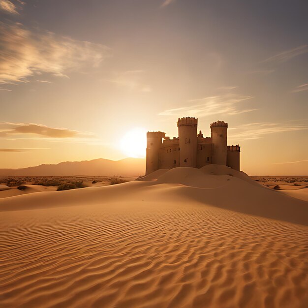 un château dans le sable avec le soleil qui se couche derrière lui