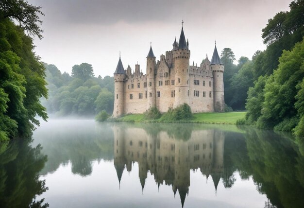 un château est reflété dans l'eau avec des arbres en arrière-plan