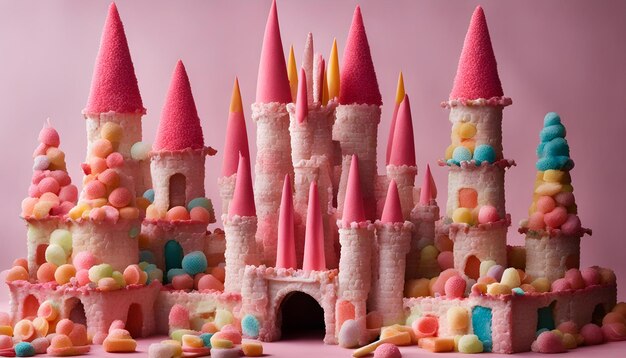 un château fait de bonbons et des bonbons est assis sur un fond rose