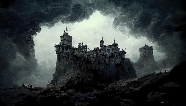 Château sur une falaise brûlée en cendres concept art illustration