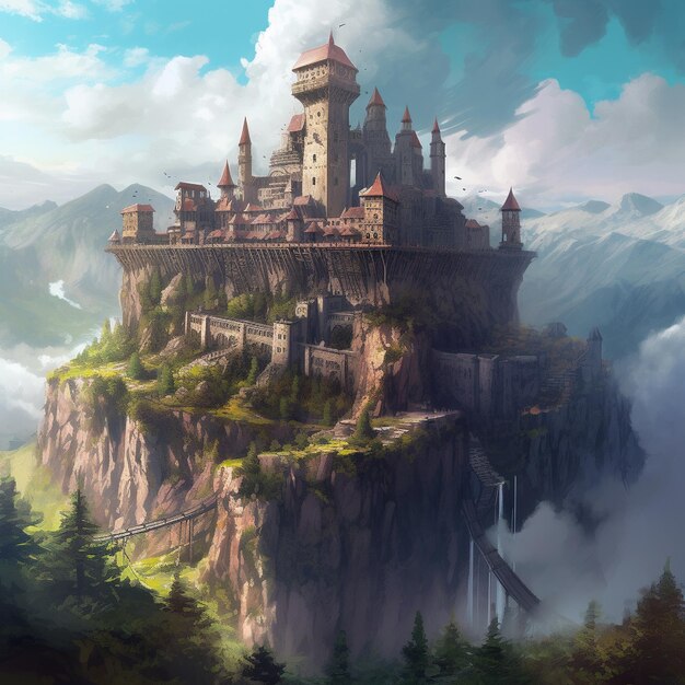 Un château sur une falaise avec un château au sommet