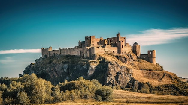 Un château sur une falaise avec un ciel bleu en arrière-plan.