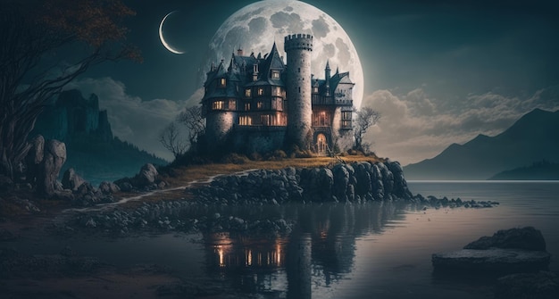 Château fantastique la nuit avec la pleine lune AI générative