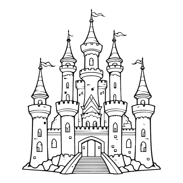 Le château des fées est une page à colorier dessinée à la main pour enfants.