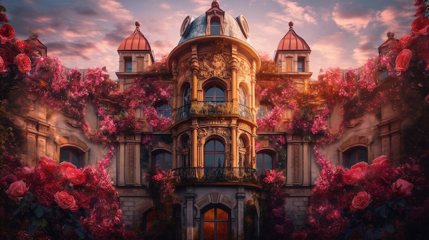 Un château avec des fleurs roses au sommet