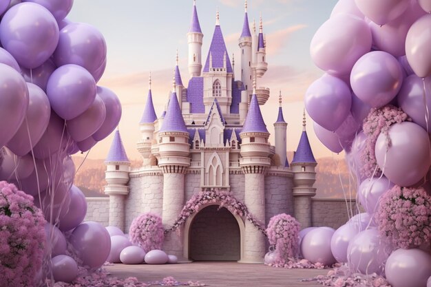 un château avec des fleurs violettes et roses et un château en arrière-plan