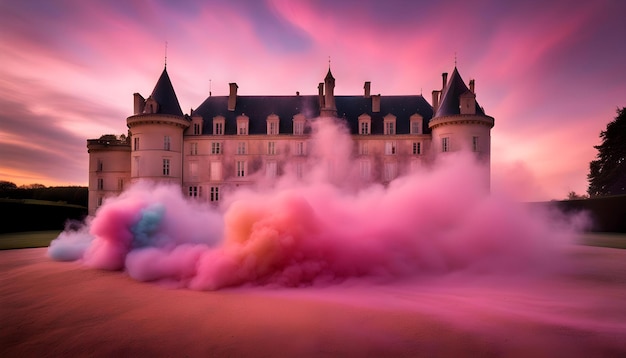 un château avec de la fumée rose devant lui et un nuage violet de fumée rose