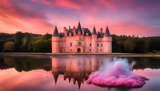 un château avec de la fumée rose qui en sort et un nuage rose dans le ciel