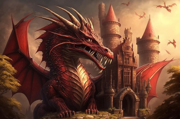 Château gardé par un dragon rouge
