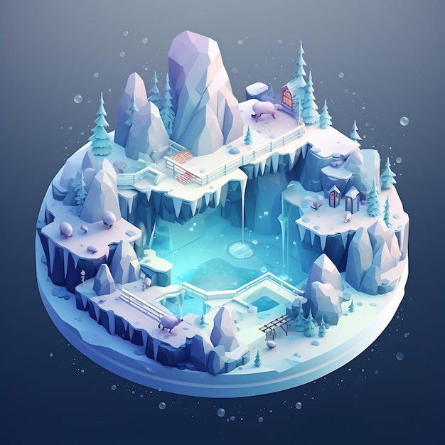 un château de glace gelé avec une eau bleue et une ville en arrière-plan.