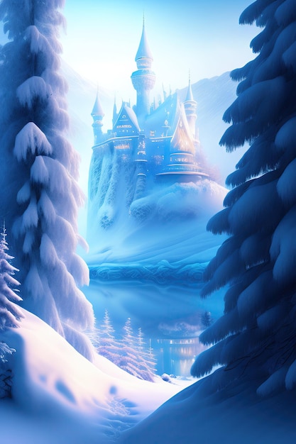 Château de glace magique avec neige Paysage enneigé fantastique Château d'hiver sur la forêt d'hiver de montagne