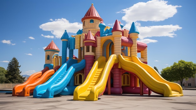 Château gonflable coloré avec ciel bleu