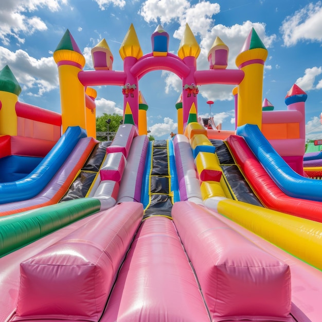Photo château gonflable pour une aire de jeux en plein air pour les enfants ou un événement de fête d'anniversaire coloré