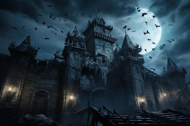 Château gothique effrayant hanté la nuit vieux château sombre sur Halloween AI générative Paysage de manoir mystique dans une scène sombre de pleine lune Horreur mystère et concept de terreur