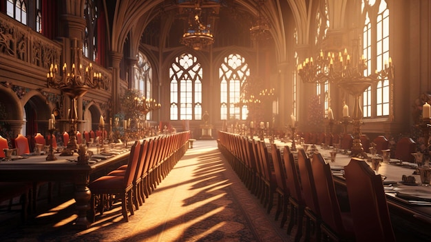 Un château avec une grande salle à manger et une salle de banquet