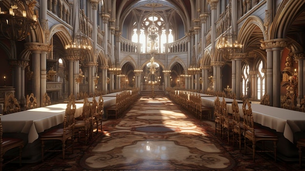 Un château avec une grande salle à manger et une salle de banquet