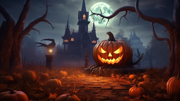 Le château de la grosse lune de la citrouille d'Halloween