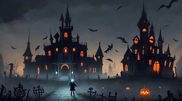 Photo le château d'halloween est un dessin animé effrayant.