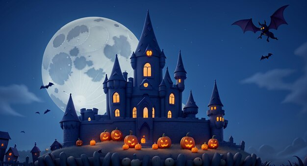 Château d'Halloween nuit fond de lune citrouilles rougeoyantes et chauves-souris volantes