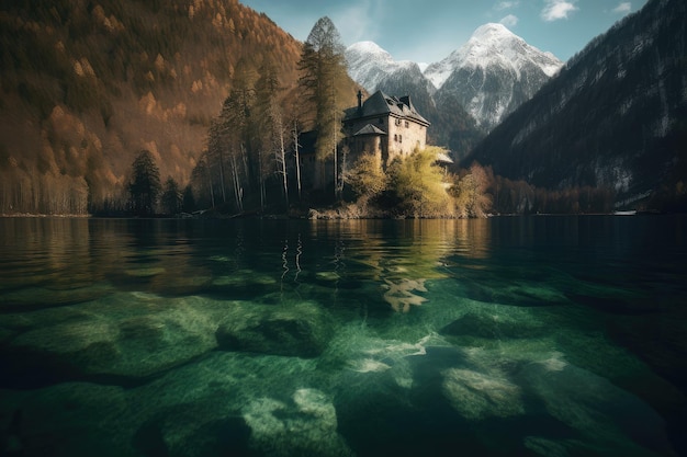 Château historique du lac alpin de Plansee et paysage sublime IA génératif