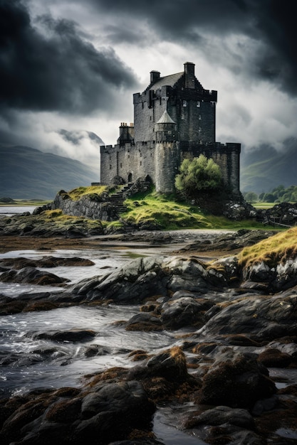 un château sur une île rocheuse avec Eilean Donan en arrière-plan