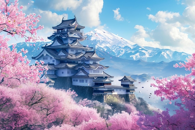 Photo château japonais sur une colline avec des cerisiers en fleurs au premier plan