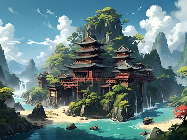 Château japonais traditionnel serein avec une rivière qui coule et des chutes d'eau avec des illustrations de vallées de sommets