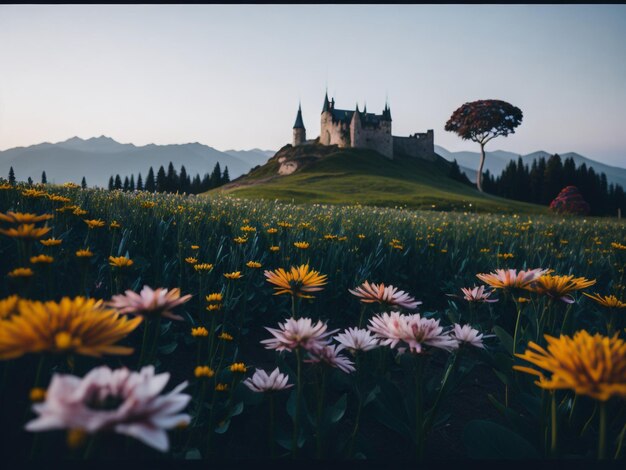 Château de jardin fantastique avec beaucoup de fleurs roses et nuages illustration artistique