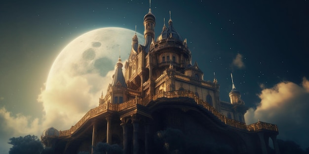 Un château avec la lune derrière