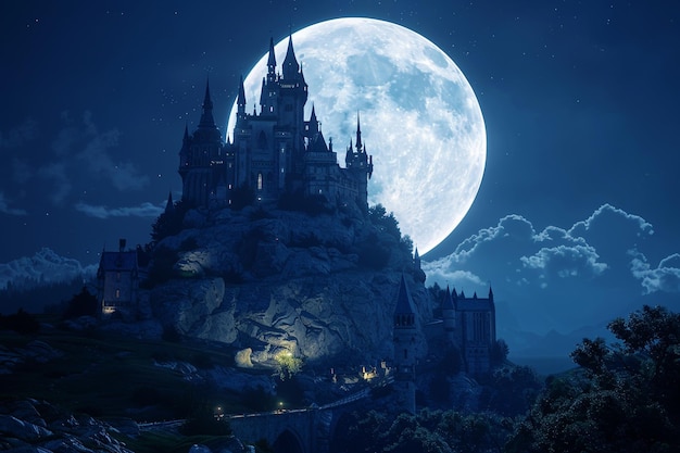 Château magique sur une colline avec une pleine lune octane r