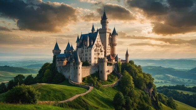 Un château majestueux entouré de collines vertes