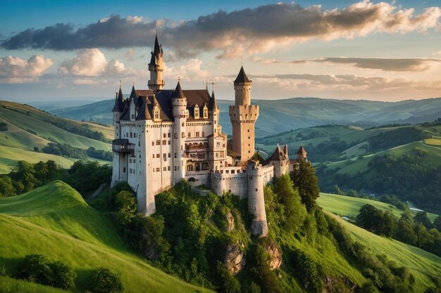 Un château majestueux entouré de collines vertes