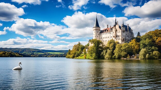 Photo château médiéval de bojnice sur le lac avec le cygne