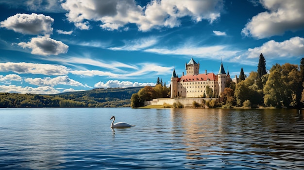 Château médiéval de Bojnice sur le lac avec le cygne