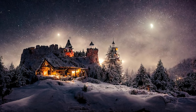 Château médiéval comme cabane de montagne rustique, lumières de Noël